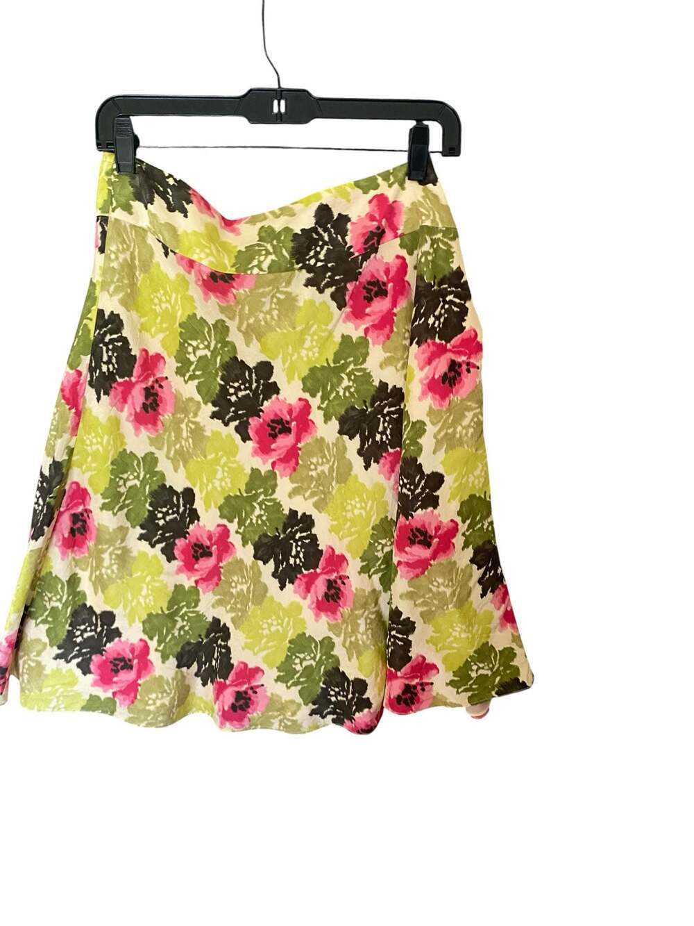 Ann Taylor Women's Vintage Silk Skirt 12 Floral Pleated Full A-Line Green & Pink